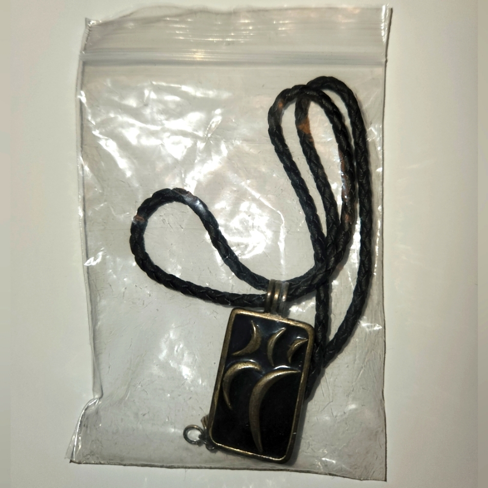 Black Enamel Moon Pendant Leather Braided Chain Necklace